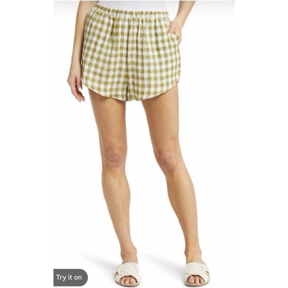 Vitamin A Gingham Green White Shorts Linen Swim Coverup Pull On NEW Sz XS READ